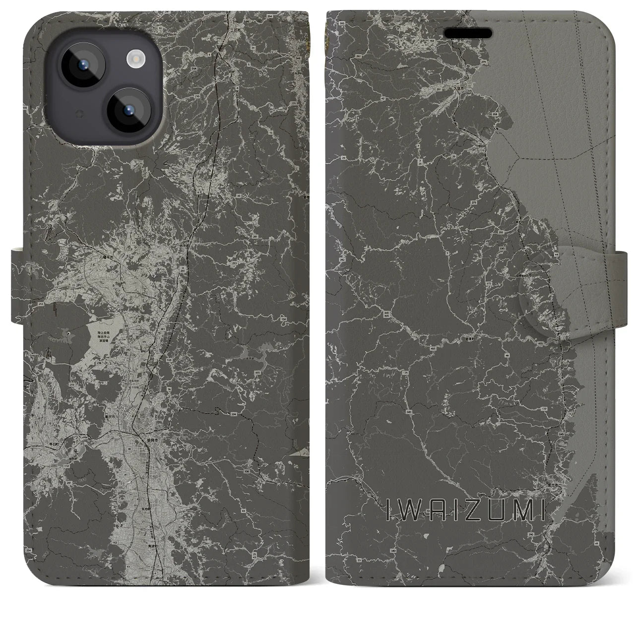 【岩泉(岩手県)】地図柄iPhoneケース(手帳タイプ)モノトーン・iPhone 14 Plus 用