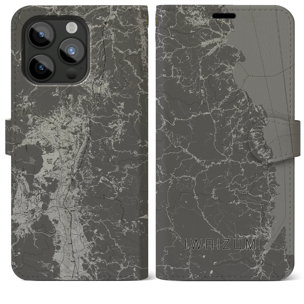 【岩泉(岩手県)】地図柄iPhoneケース(手帳タイプ)モノトーン・iPhone 15 Pro Max 用