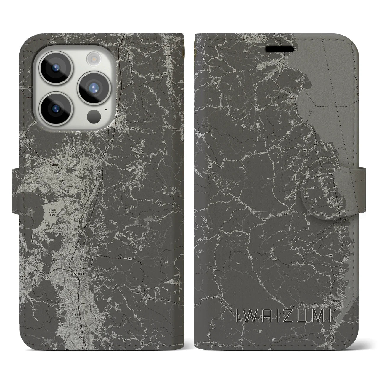 【岩泉(岩手県)】地図柄iPhoneケース(手帳タイプ)モノトーン・iPhone 15 Pro 用