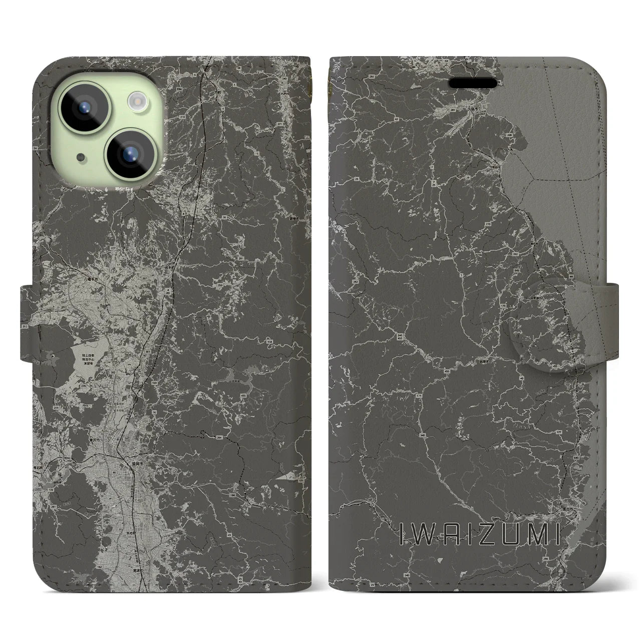 【岩泉(岩手県)】地図柄iPhoneケース(手帳タイプ)モノトーン・iPhone 15 用
