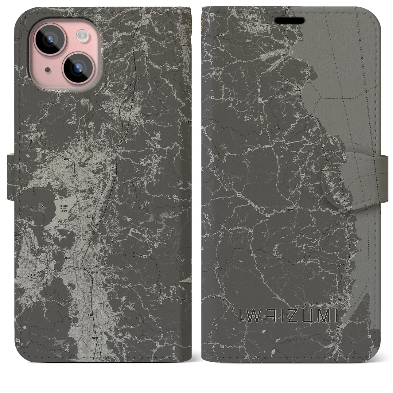 【岩泉(岩手県)】地図柄iPhoneケース(手帳タイプ)モノトーン・iPhone 15 Plus 用