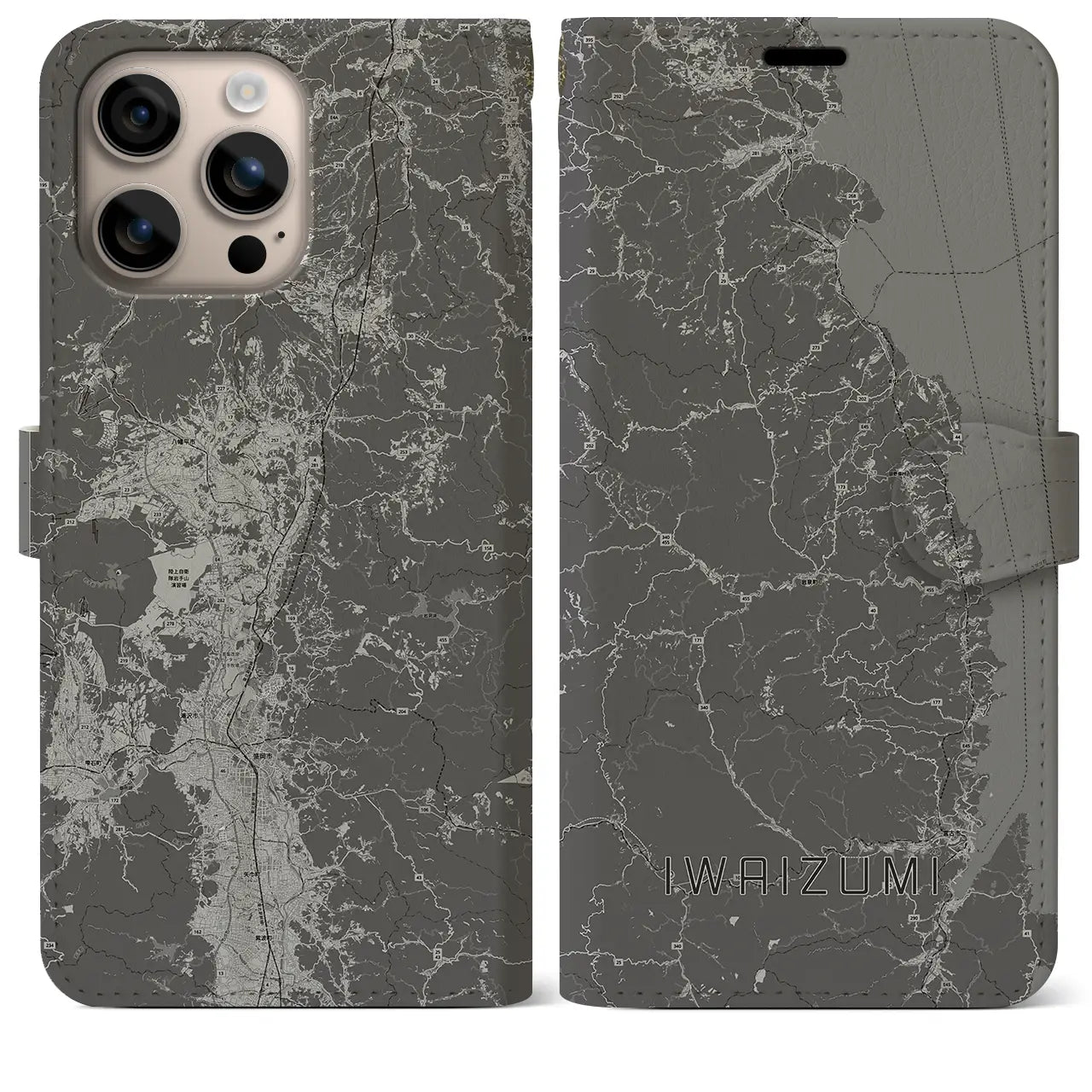 【岩泉(岩手県)】地図柄iPhoneケース(手帳タイプ)モノトーン・iPhone 16 Plus 用