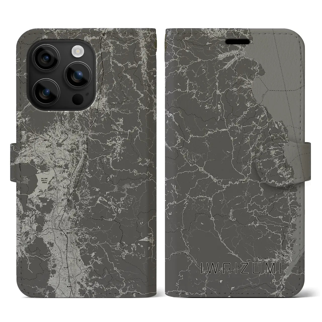 【岩泉(岩手県)】地図柄iPhoneケース(手帳タイプ)モノトーン・iPhone 16 用