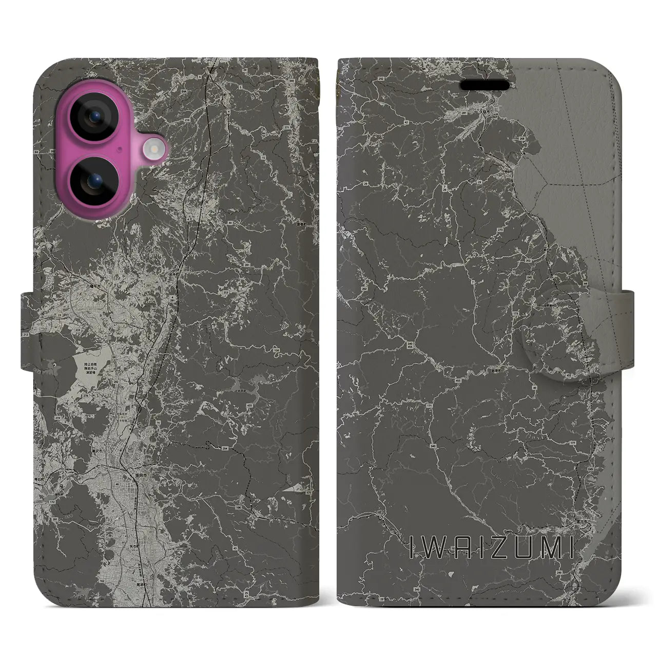 【岩泉(岩手県)】地図柄iPhoneケース(手帳タイプ)モノトーン・iPhone 16 Pro 用