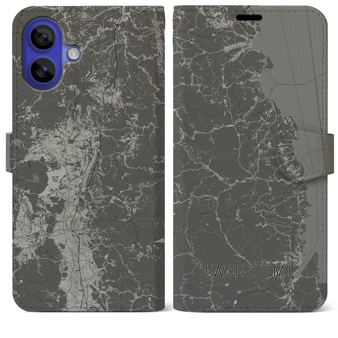 【岩泉(岩手県)】地図柄iPhoneケース(手帳タイプ)モノトーン・iPhone 16 Pro Max 用