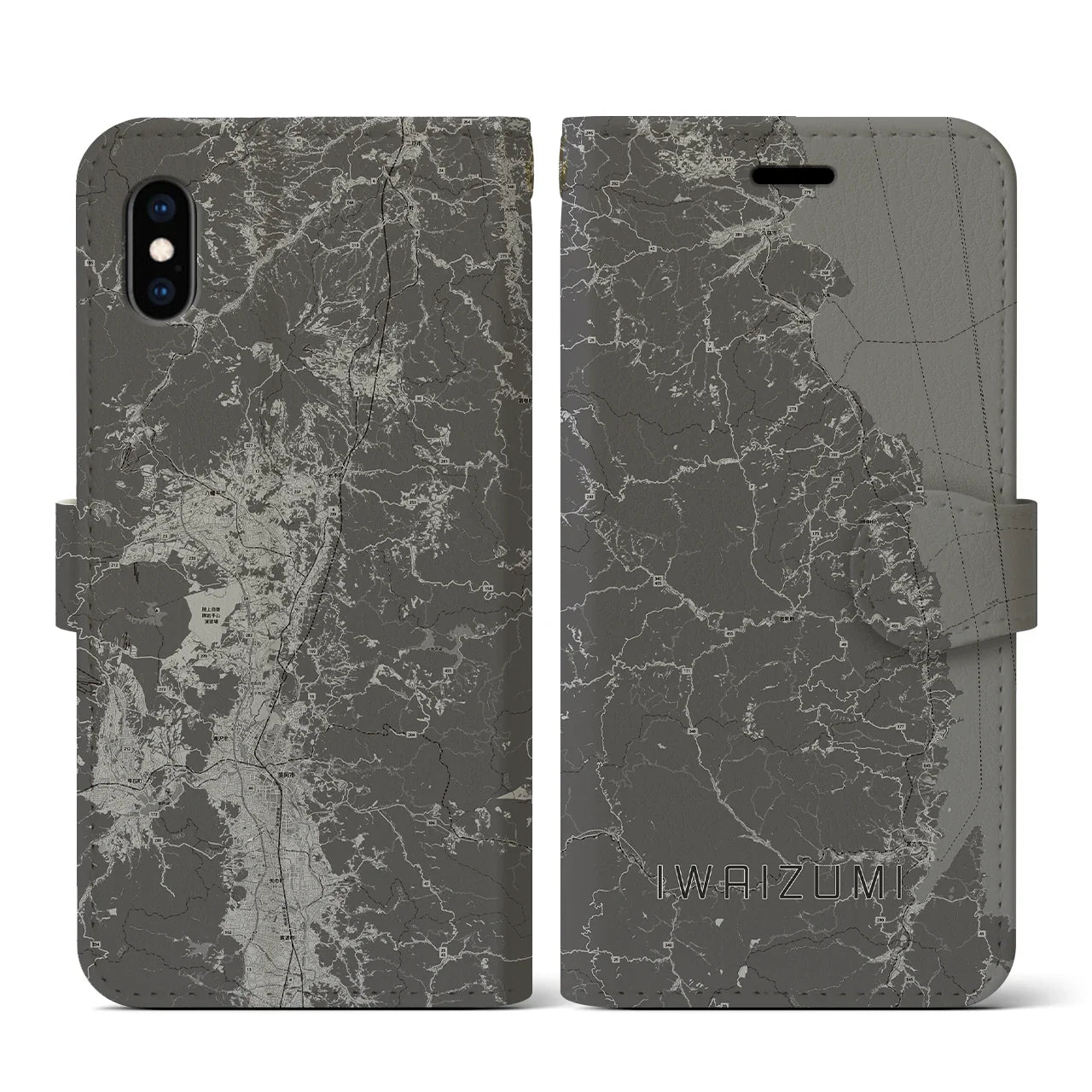 【岩泉(岩手県)】地図柄iPhoneケース(手帳タイプ)モノトーン・iPhone XS / X 用