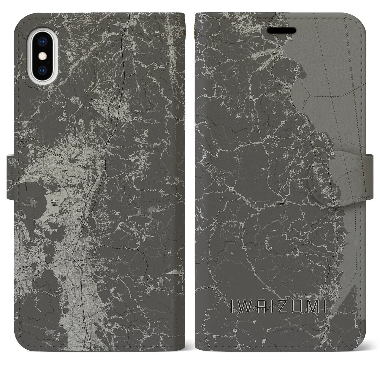 【岩泉(岩手県)】地図柄iPhoneケース(手帳タイプ)モノトーン・iPhone XS Max 用