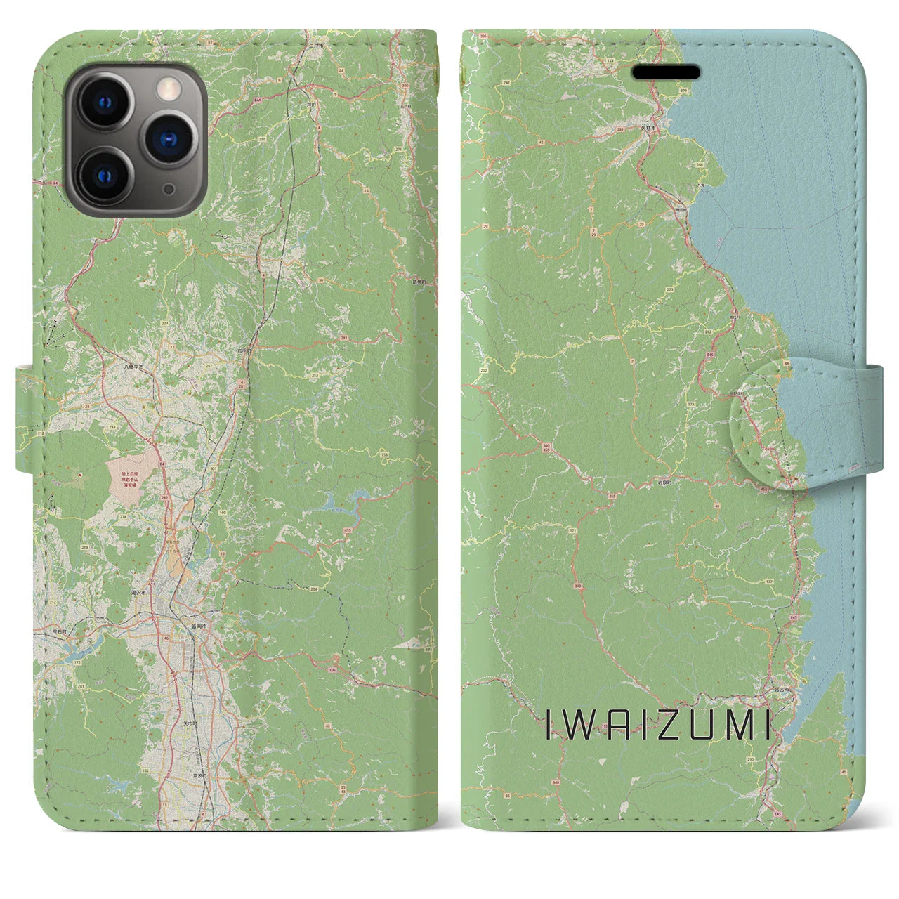 【岩泉(岩手県)】地図柄iPhoneケース(手帳タイプ)ナチュラル・iPhone 11 Pro Max 用