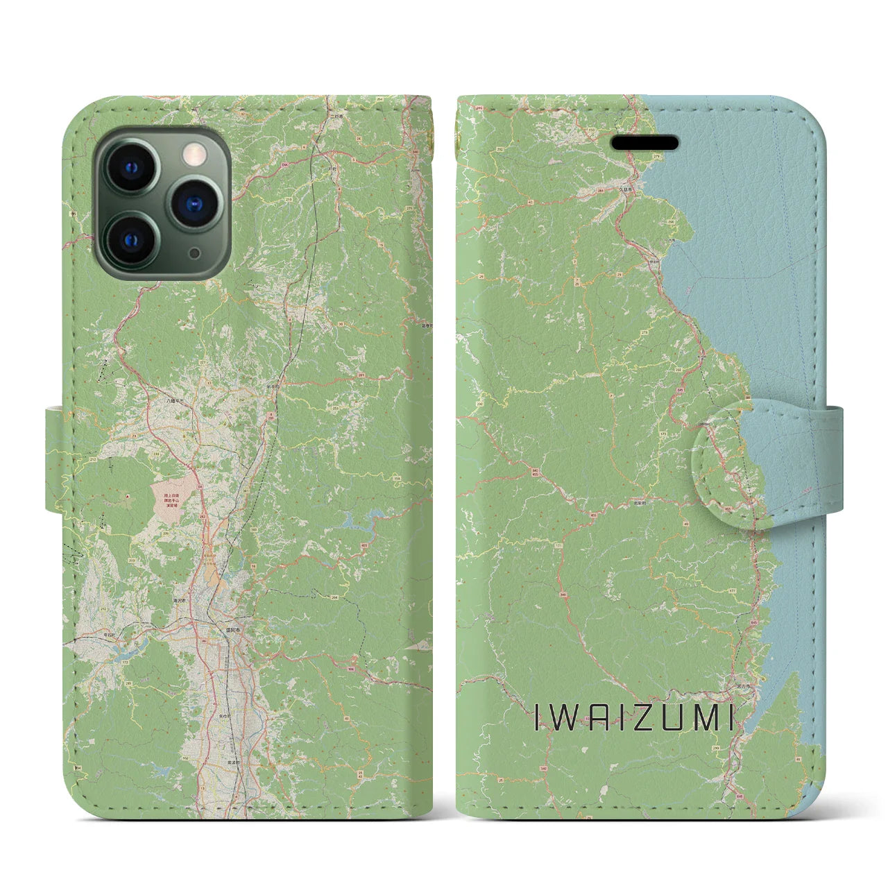 【岩泉(岩手県)】地図柄iPhoneケース(手帳タイプ)ナチュラル・iPhone 11 Pro 用