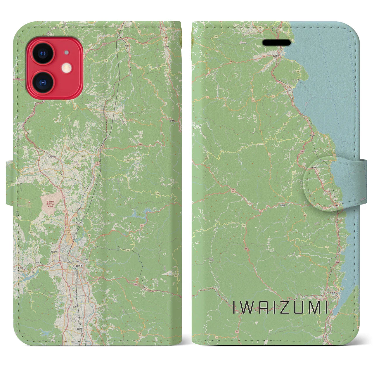 【岩泉(岩手県)】地図柄iPhoneケース(手帳タイプ)ナチュラル・iPhone 11 用