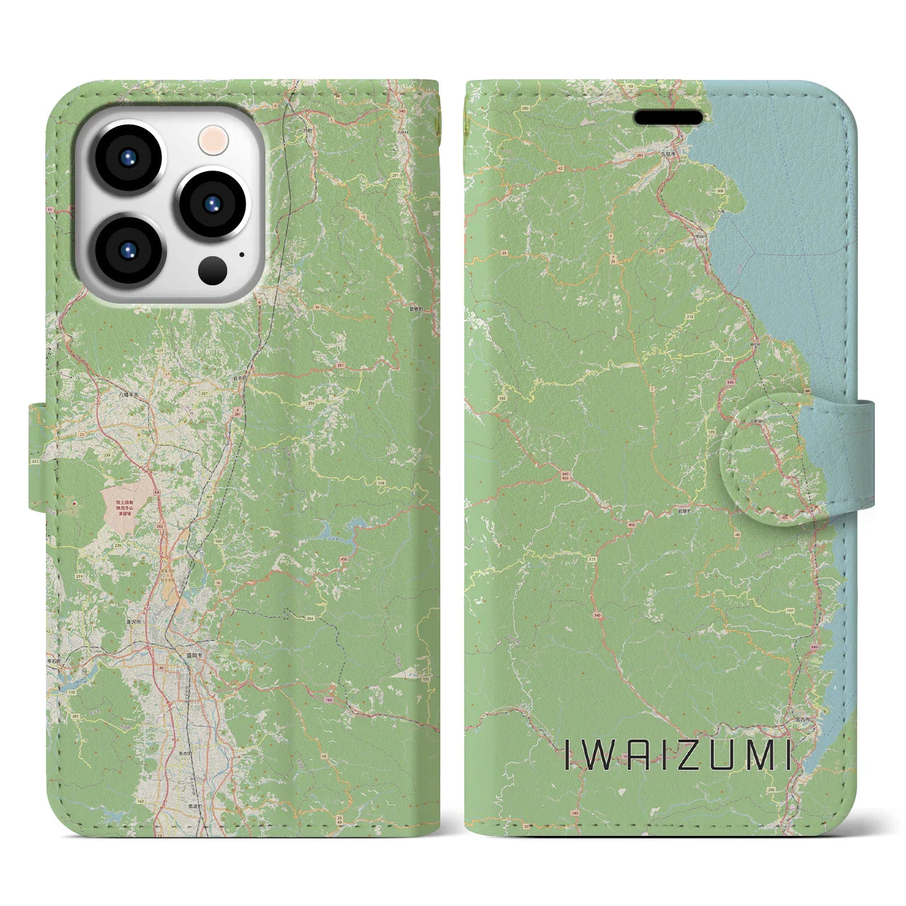 【岩泉(岩手県)】地図柄iPhoneケース(手帳タイプ)ナチュラル・iPhone 13 Pro 用