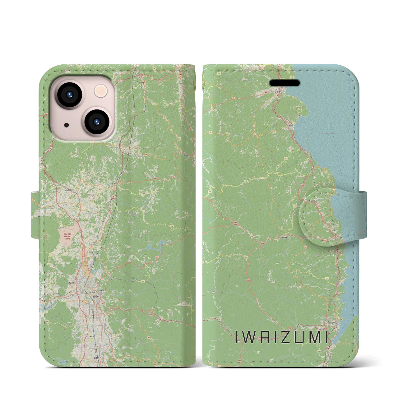 【岩泉(岩手県)】地図柄iPhoneケース(手帳タイプ)ナチュラル・iPhone 13 mini 用