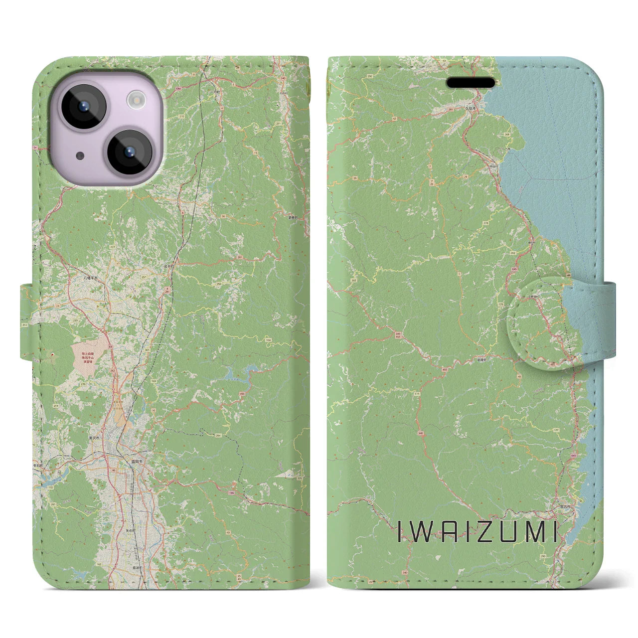 【岩泉(岩手県)】地図柄iPhoneケース(手帳タイプ)ナチュラル・iPhone 14 用