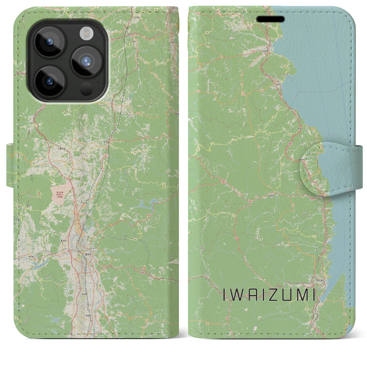 【岩泉(岩手県)】地図柄iPhoneケース(手帳タイプ)ナチュラル・iPhone 15 Pro Max 用