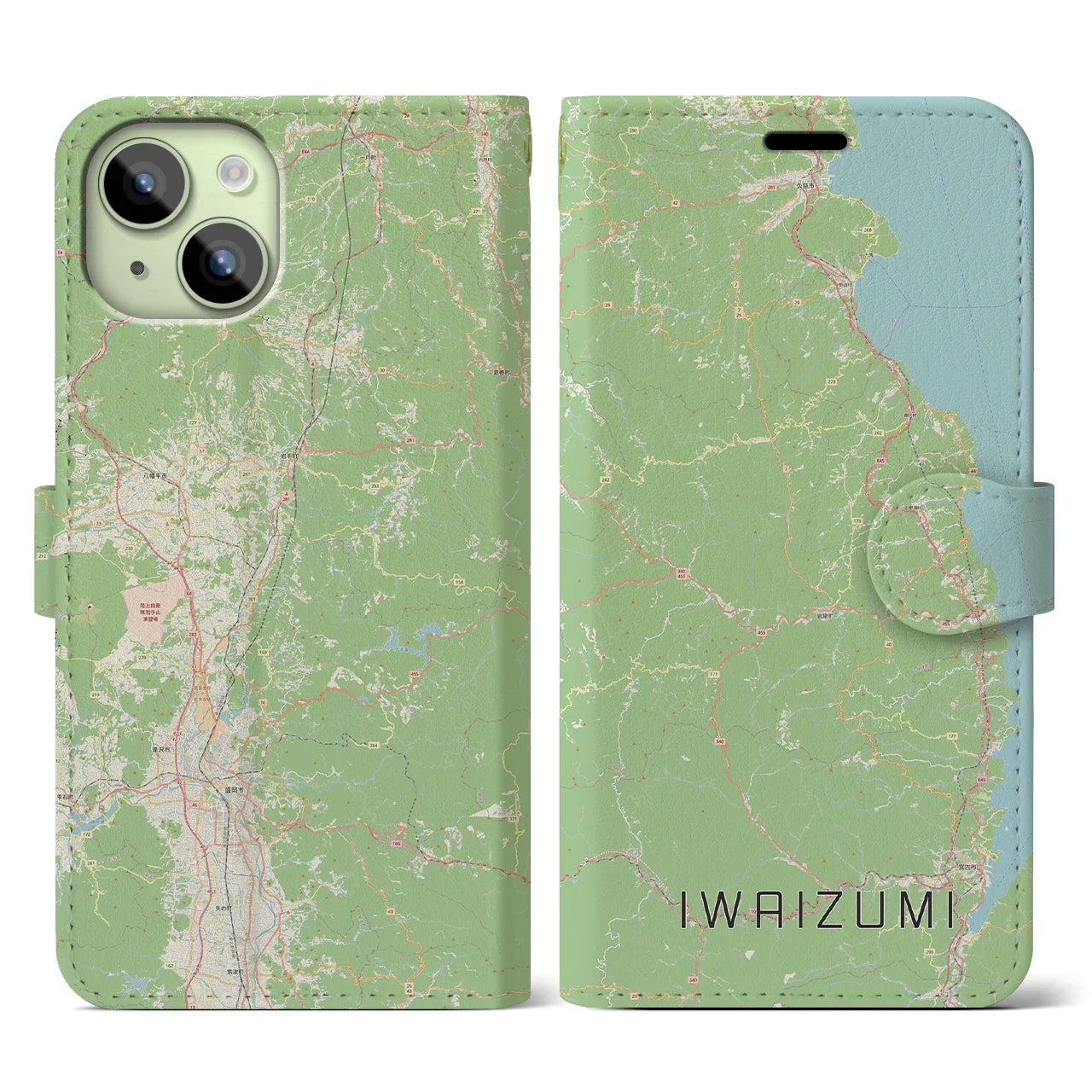 【岩泉(岩手県)】地図柄iPhoneケース(手帳タイプ)ナチュラル・iPhone 15 用