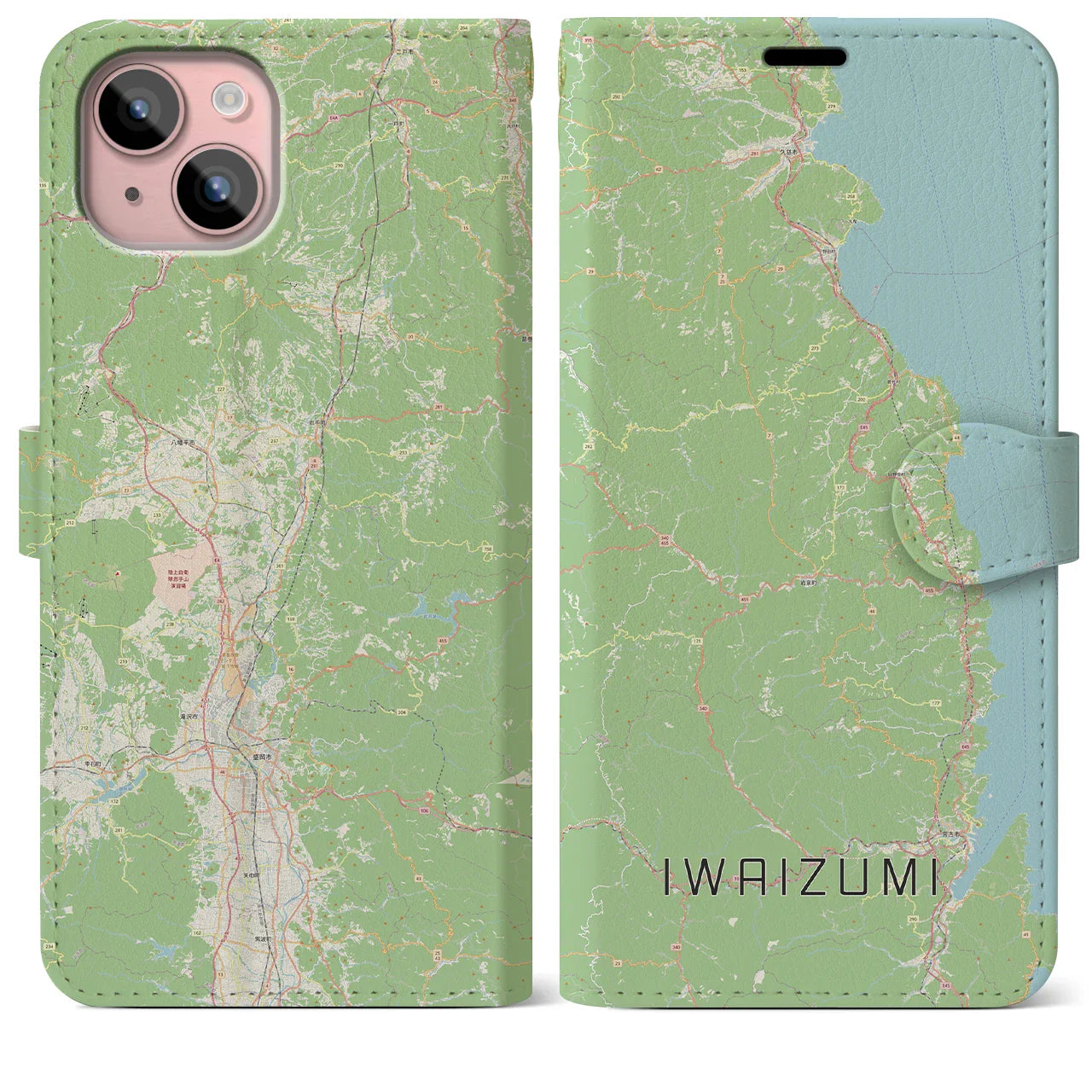 【岩泉(岩手県)】地図柄iPhoneケース(手帳タイプ)ナチュラル・iPhone 15 Plus 用
