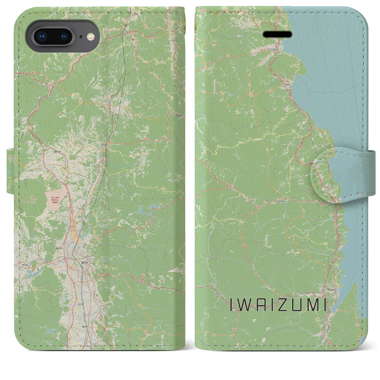 【岩泉(岩手県)】地図柄iPhoneケース(手帳タイプ)ナチュラル・iPhone 8Plus /7Plus / 6sPlus / 6Plus 用