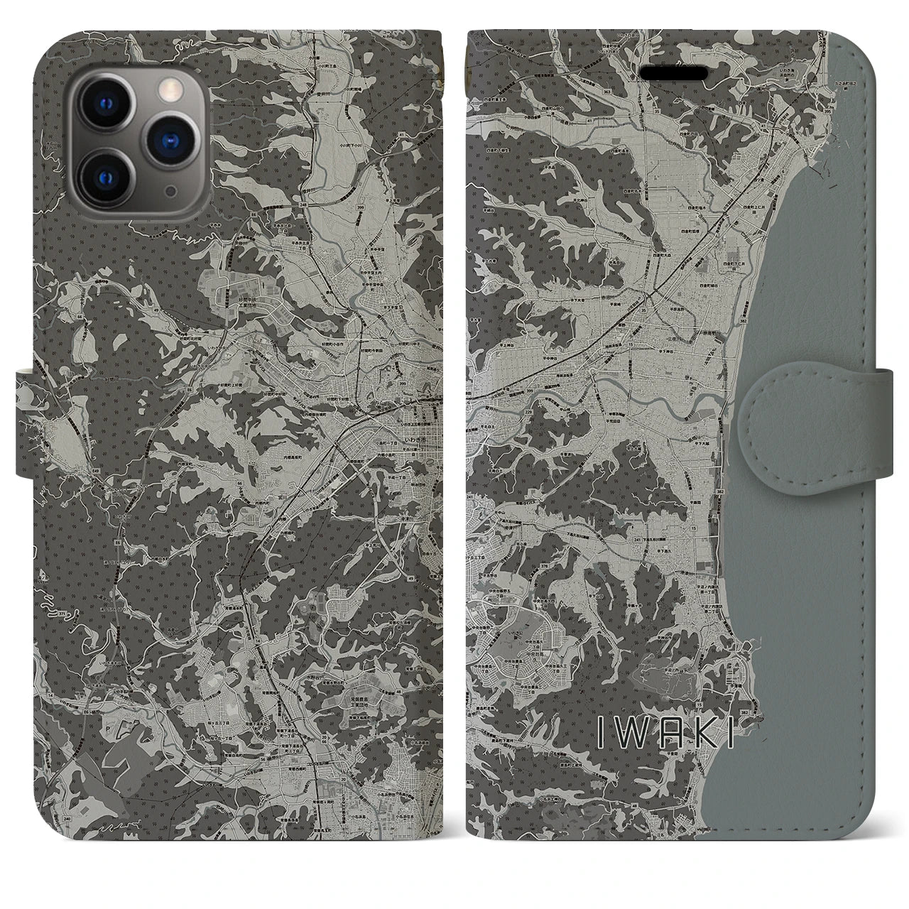 【いわき(福島県)】地図柄iPhoneケース(手帳タイプ)モノトーン・iPhone 11 Pro Max 用