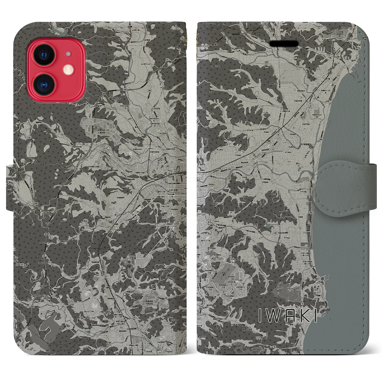 【いわき(福島県)】地図柄iPhoneケース(手帳タイプ)モノトーン・iPhone 11 用