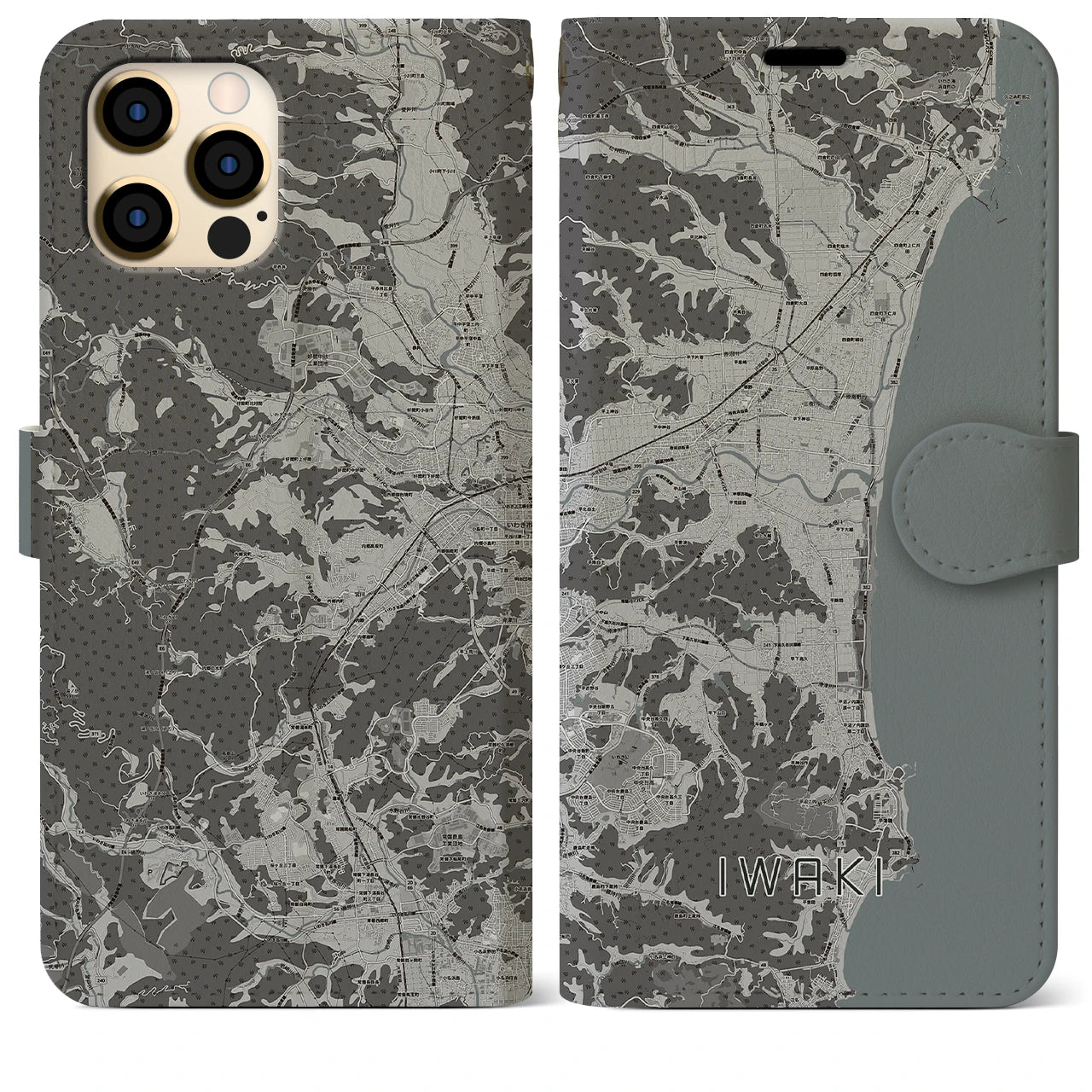 【いわき(福島県)】地図柄iPhoneケース(手帳タイプ)モノトーン・iPhone 12 Pro Max 用