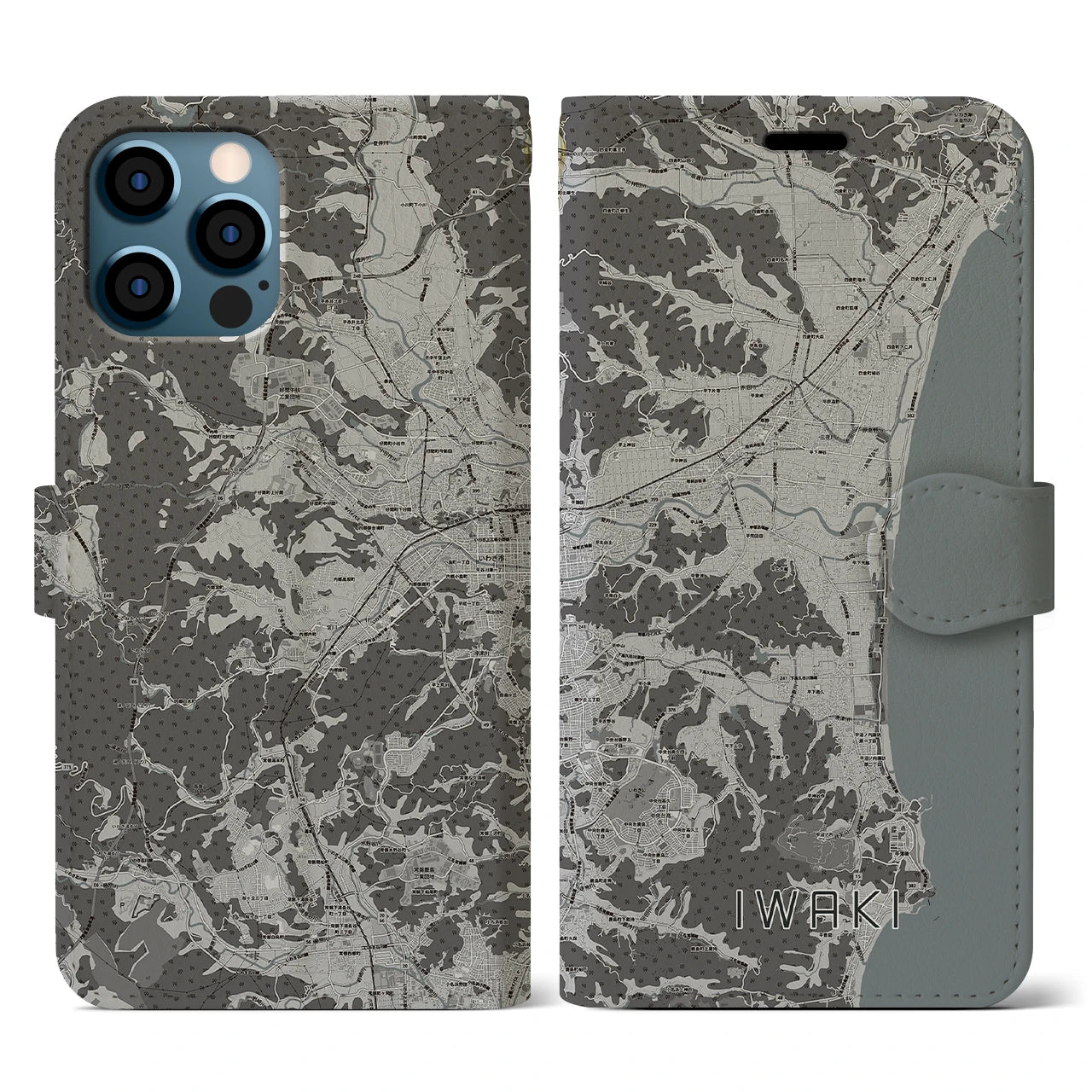 【いわき(福島県)】地図柄iPhoneケース(手帳タイプ)モノトーン・iPhone 12 / 12 Pro 用