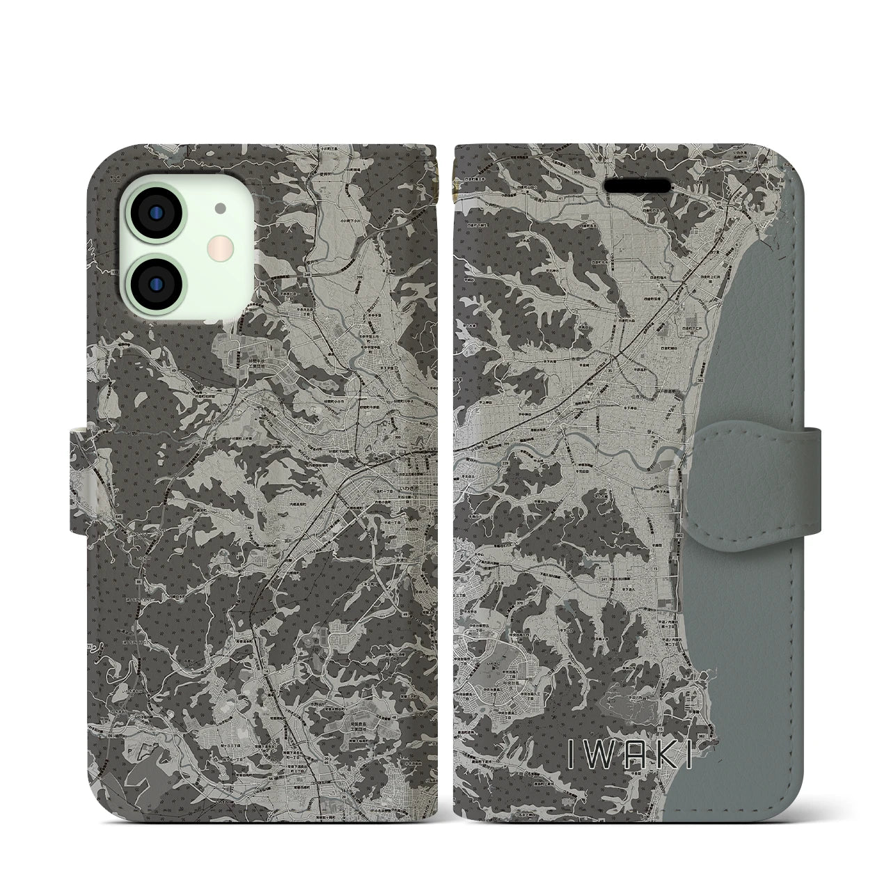【いわき(福島県)】地図柄iPhoneケース(手帳タイプ)モノトーン・iPhone 12 mini 用