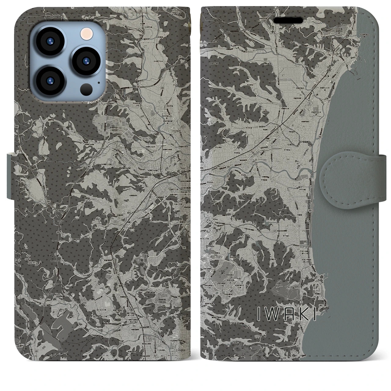 【いわき(福島県)】地図柄iPhoneケース(手帳タイプ)モノトーン・iPhone 13 Pro Max 用