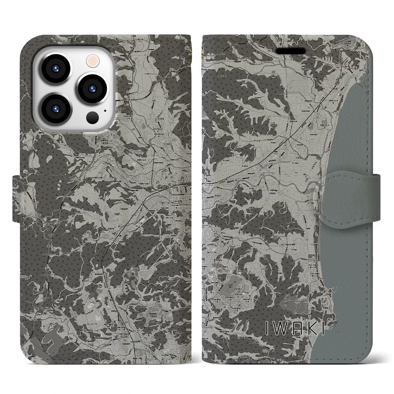 【いわき(福島県)】地図柄iPhoneケース(手帳タイプ)モノトーン・iPhone 13 Pro 用