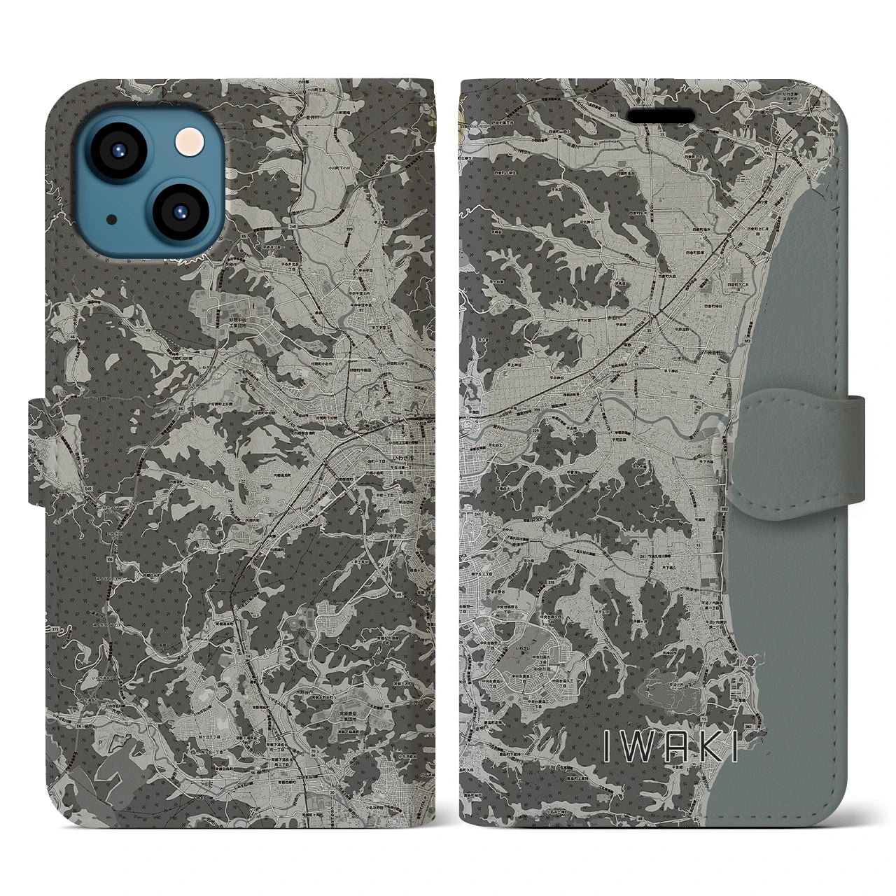 【いわき(福島県)】地図柄iPhoneケース(手帳タイプ)モノトーン・iPhone 13 用