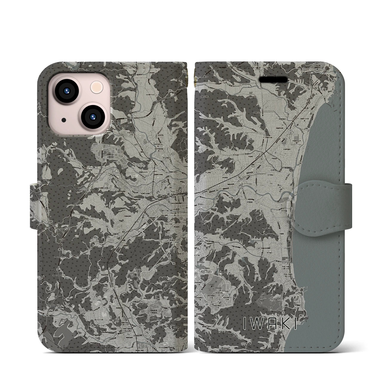 【いわき(福島県)】地図柄iPhoneケース(手帳タイプ)モノトーン・iPhone 13 mini 用