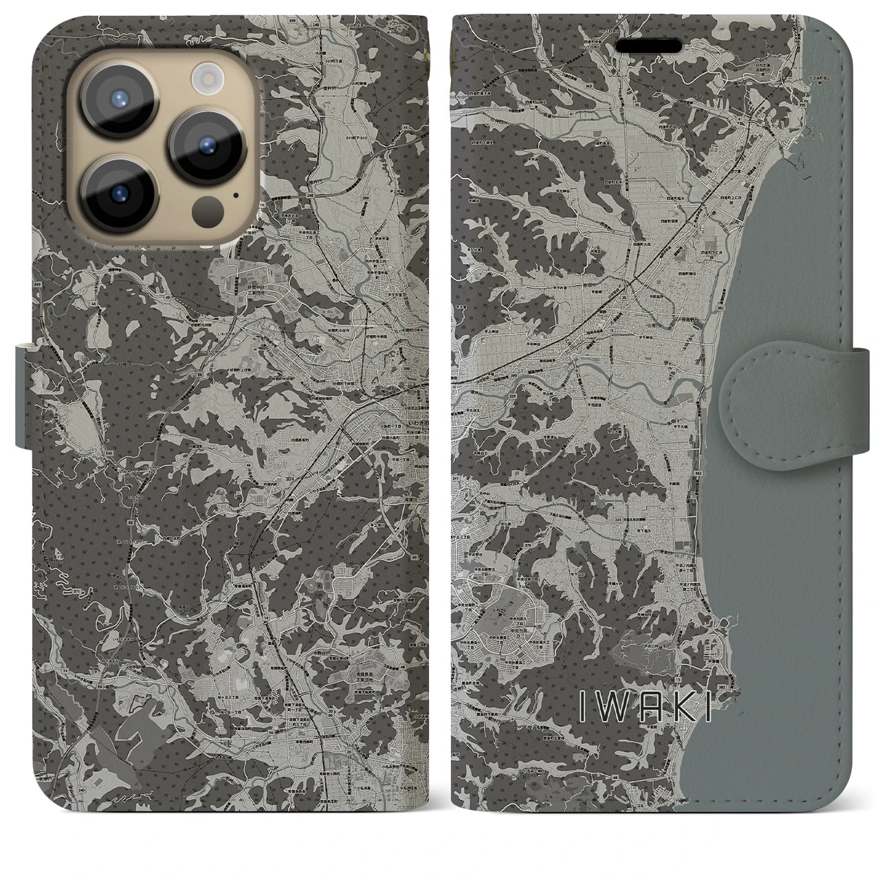 【いわき(福島県)】地図柄iPhoneケース(手帳タイプ)モノトーン・iPhone 14 Pro Max 用