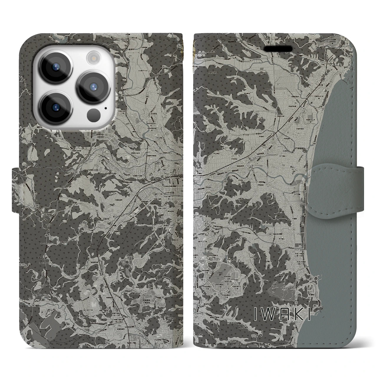 【いわき(福島県)】地図柄iPhoneケース(手帳タイプ)モノトーン・iPhone 14 Pro 用
