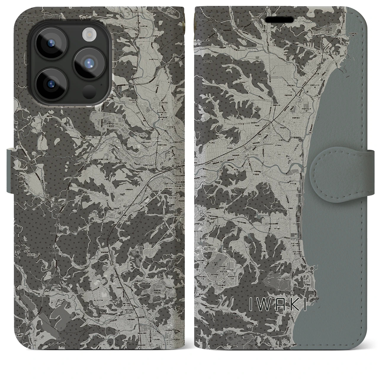 【いわき(福島県)】地図柄iPhoneケース(手帳タイプ)モノトーン・iPhone 15 Pro Max 用