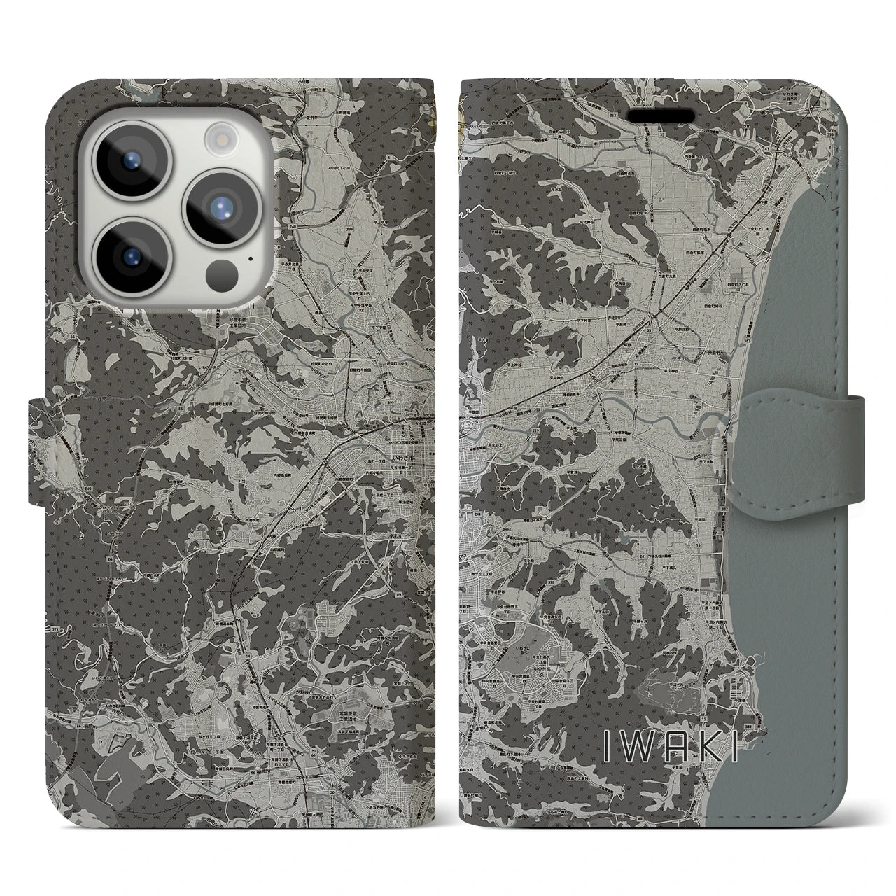 【いわき(福島県)】地図柄iPhoneケース(手帳タイプ)モノトーン・iPhone 15 Pro 用