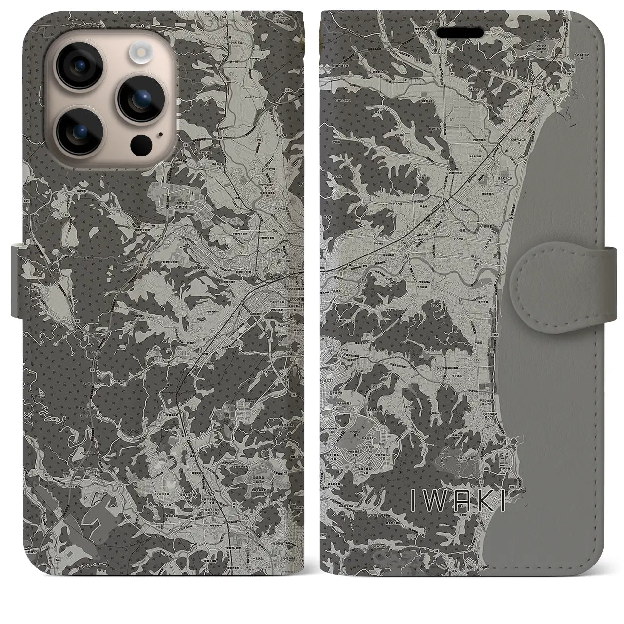 【いわき(福島県)】地図柄iPhoneケース(手帳タイプ)モノトーン・iPhone 16 Plus 用