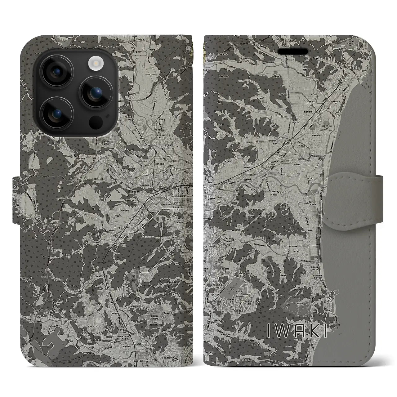 【いわき(福島県)】地図柄iPhoneケース(手帳タイプ)モノトーン・iPhone 16 用