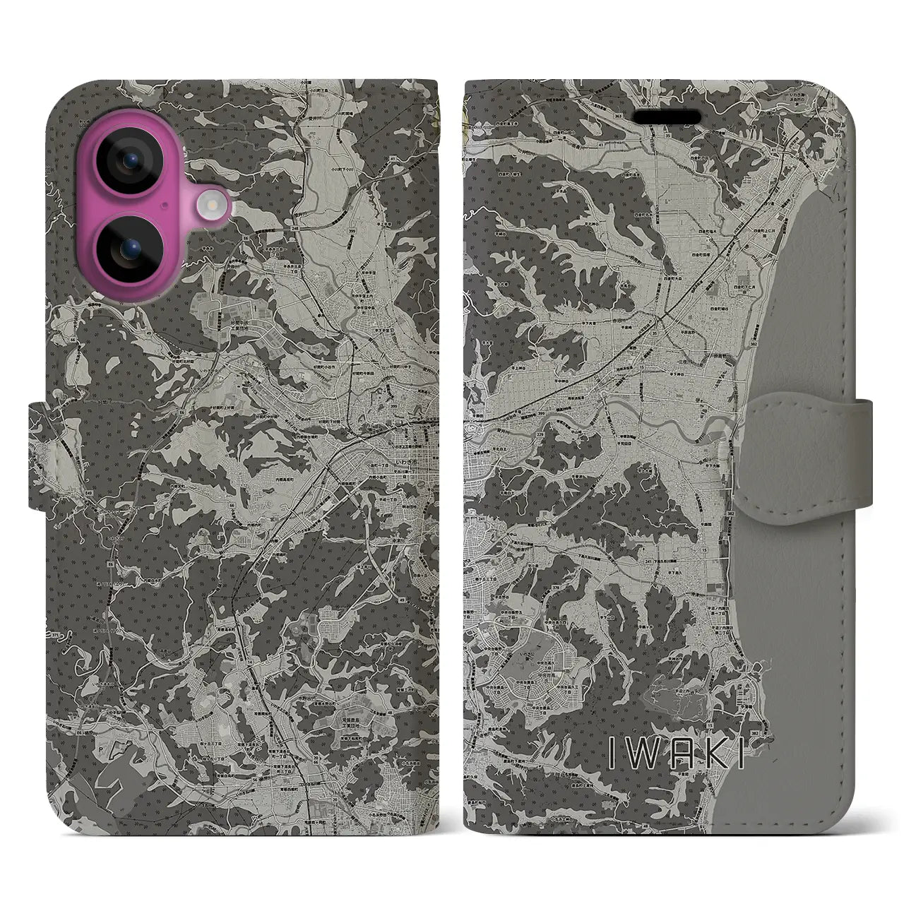 【いわき(福島県)】地図柄iPhoneケース(手帳タイプ)モノトーン・iPhone 16 Pro 用