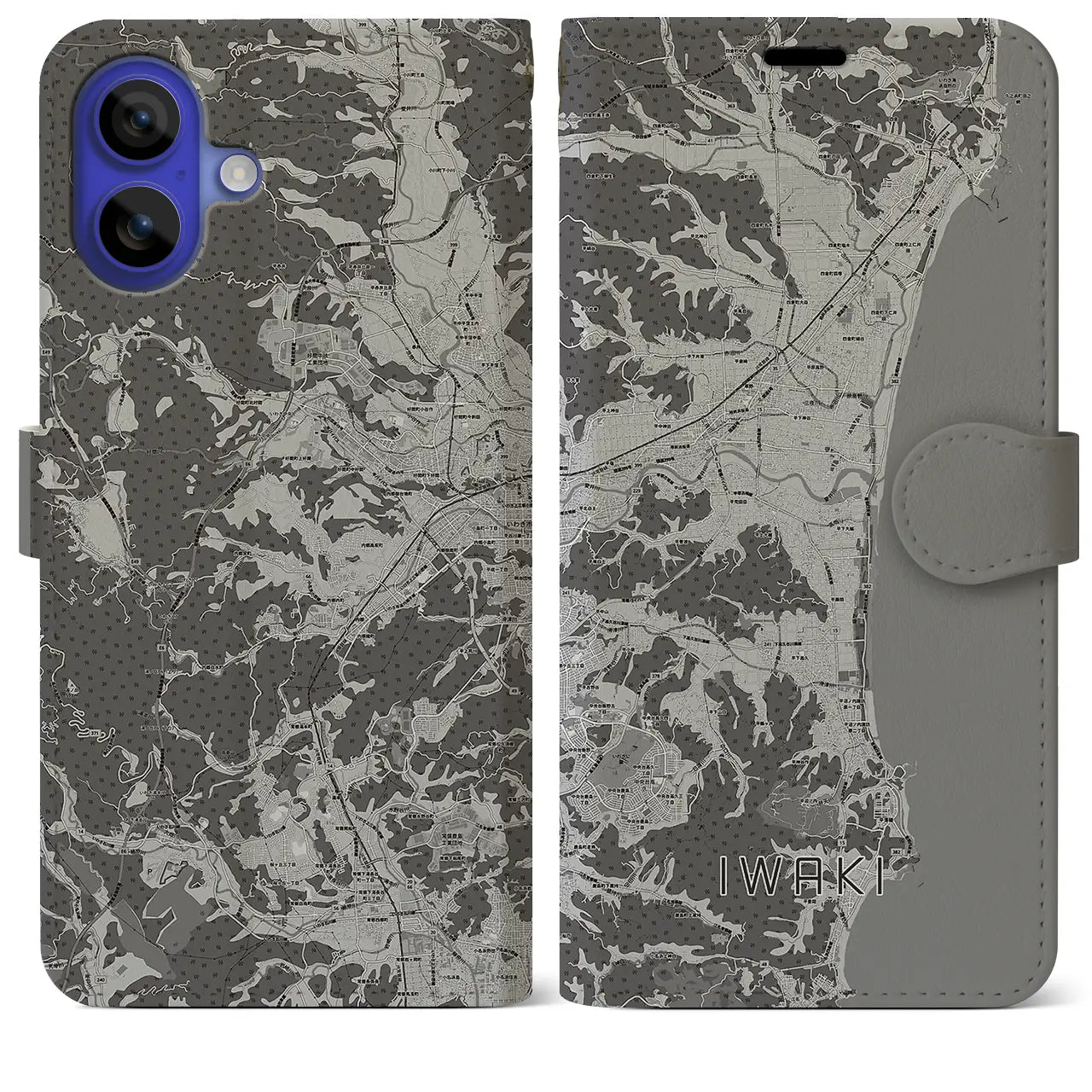【いわき(福島県)】地図柄iPhoneケース(手帳タイプ)モノトーン・iPhone 16 Pro Max 用