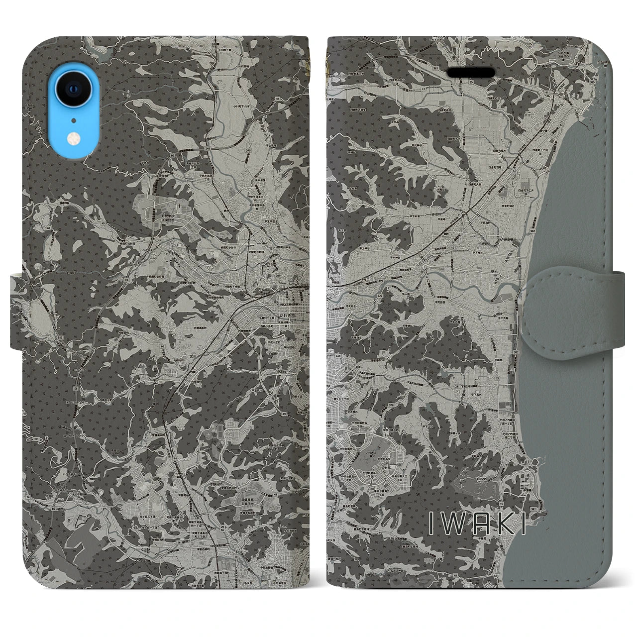 【いわき(福島県)】地図柄iPhoneケース(手帳タイプ)モノトーン・iPhone XR 用