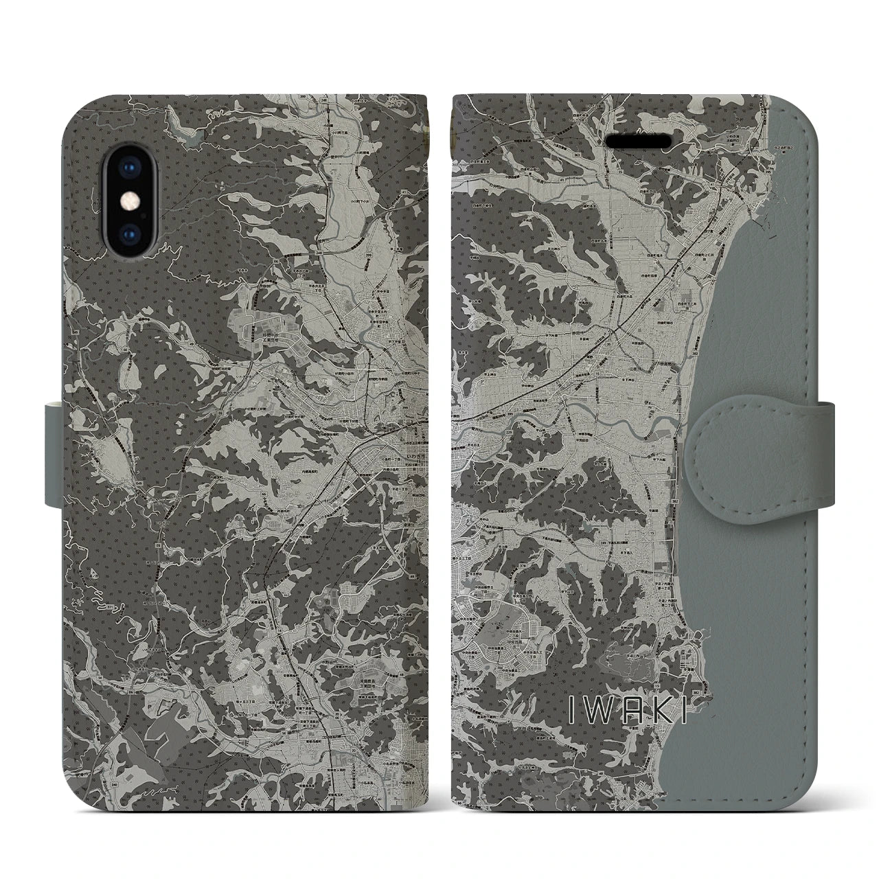 【いわき(福島県)】地図柄iPhoneケース(手帳タイプ)モノトーン・iPhone XS / X 用