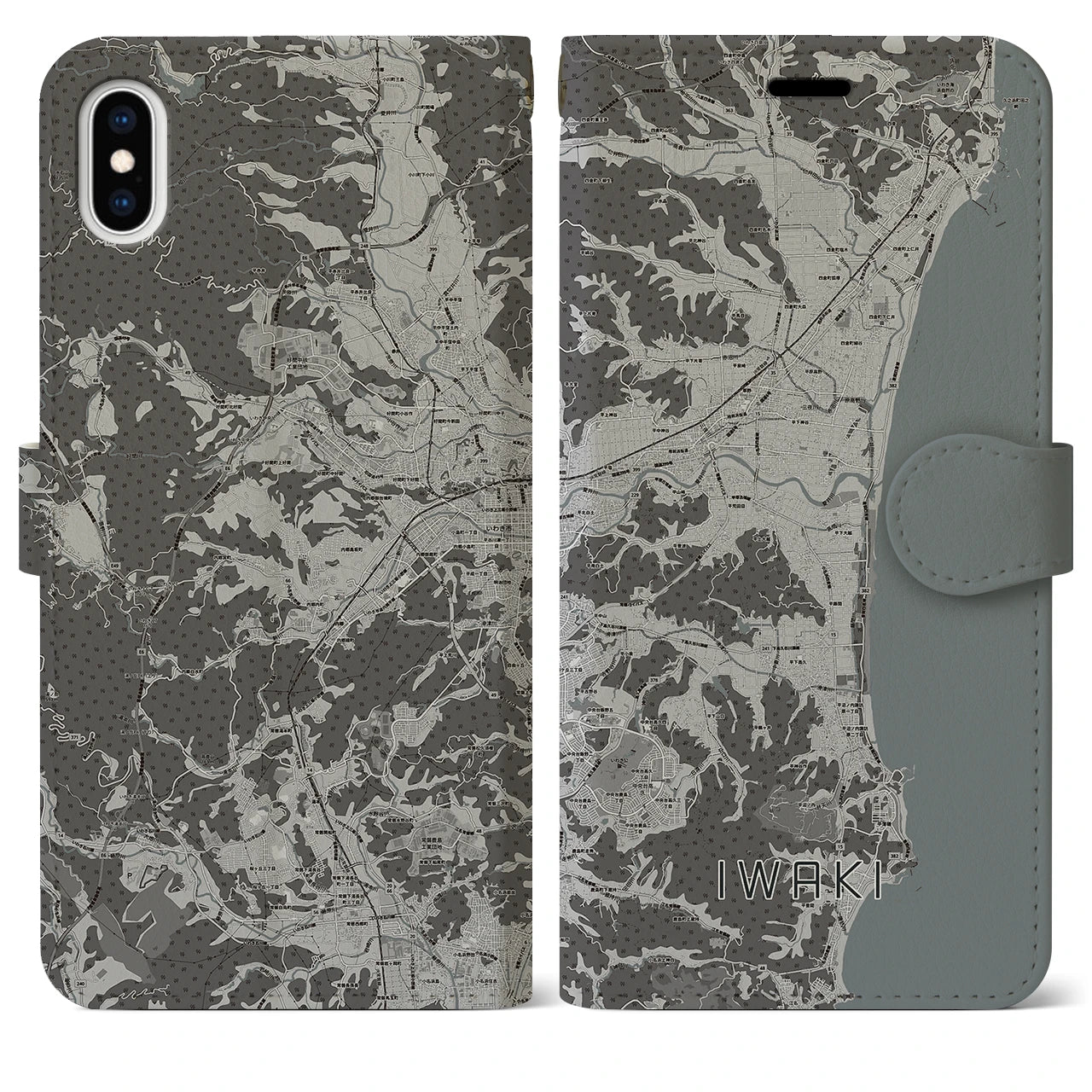 【いわき(福島県)】地図柄iPhoneケース(手帳タイプ)モノトーン・iPhone XS Max 用
