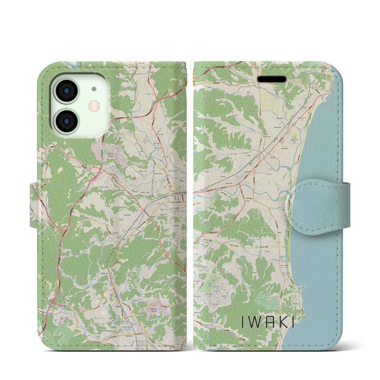 【いわき(福島県)】地図柄iPhoneケース(手帳タイプ)ナチュラル・iPhone 12 mini 用