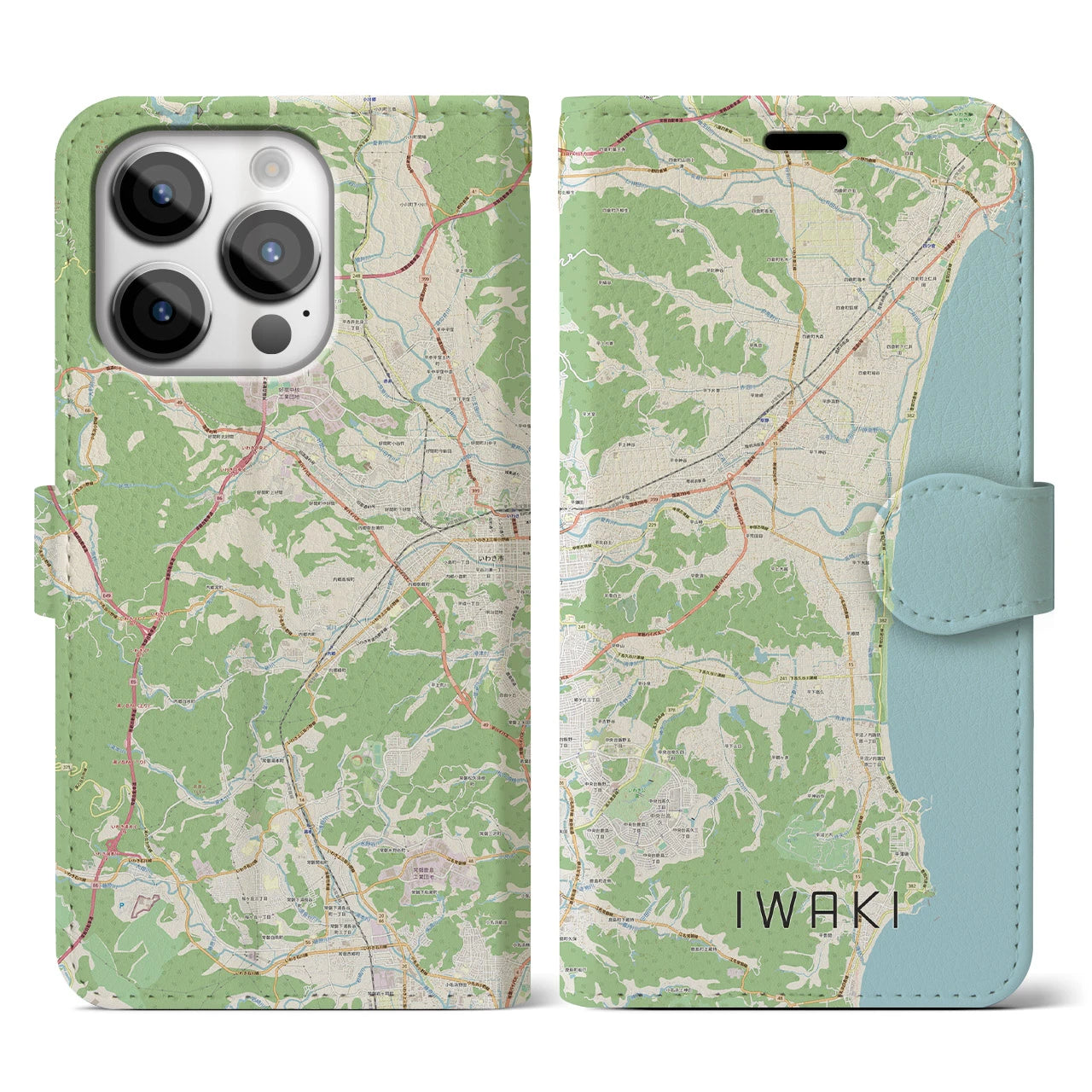 【いわき(福島県)】地図柄iPhoneケース(手帳タイプ)ナチュラル・iPhone 14 Pro 用