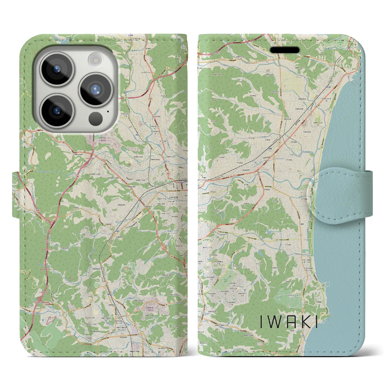 【いわき(福島県)】地図柄iPhoneケース(手帳タイプ)ナチュラル・iPhone 15 Pro 用