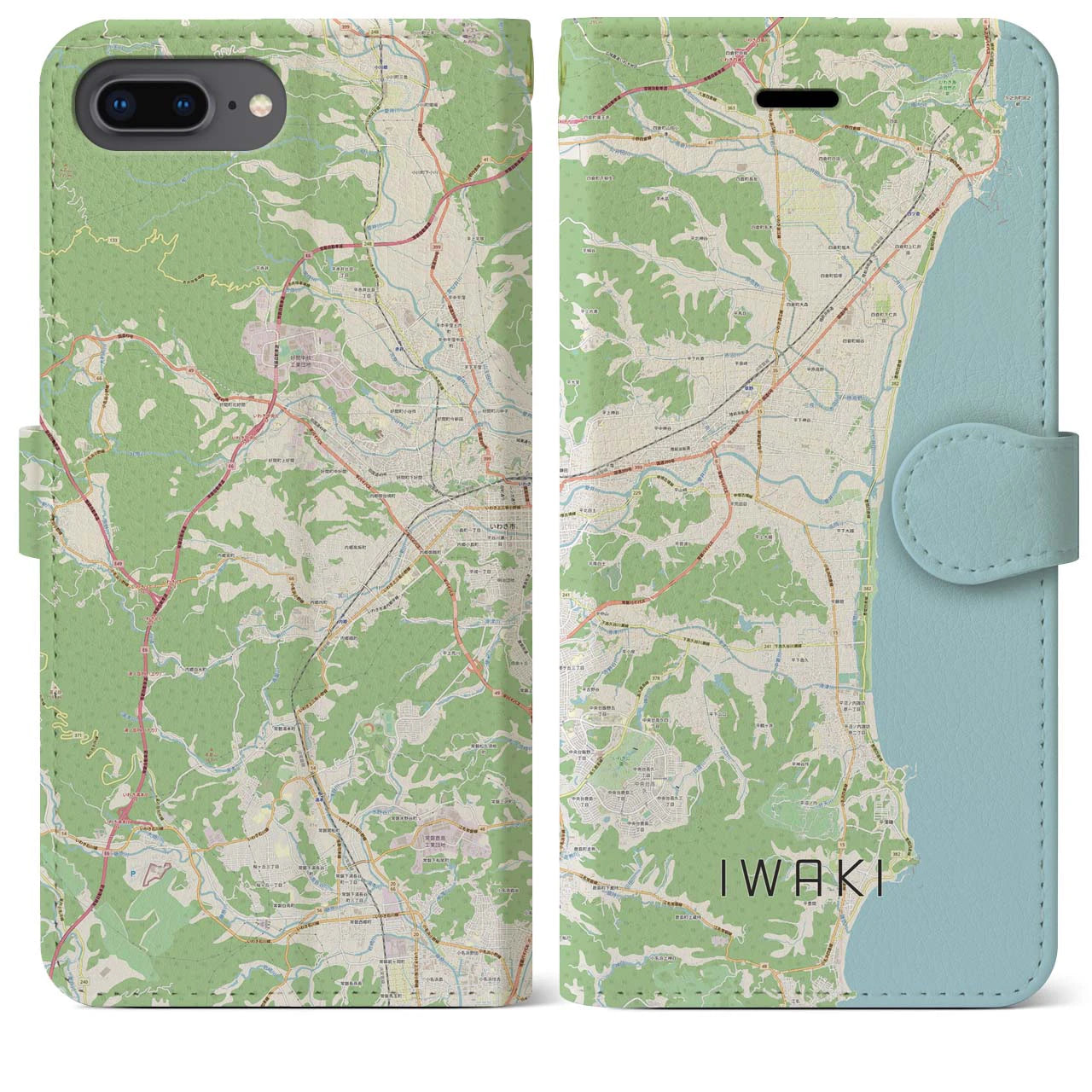 【いわき(福島県)】地図柄iPhoneケース(手帳タイプ)ナチュラル・iPhone 8Plus /7Plus / 6sPlus / 6Plus 用