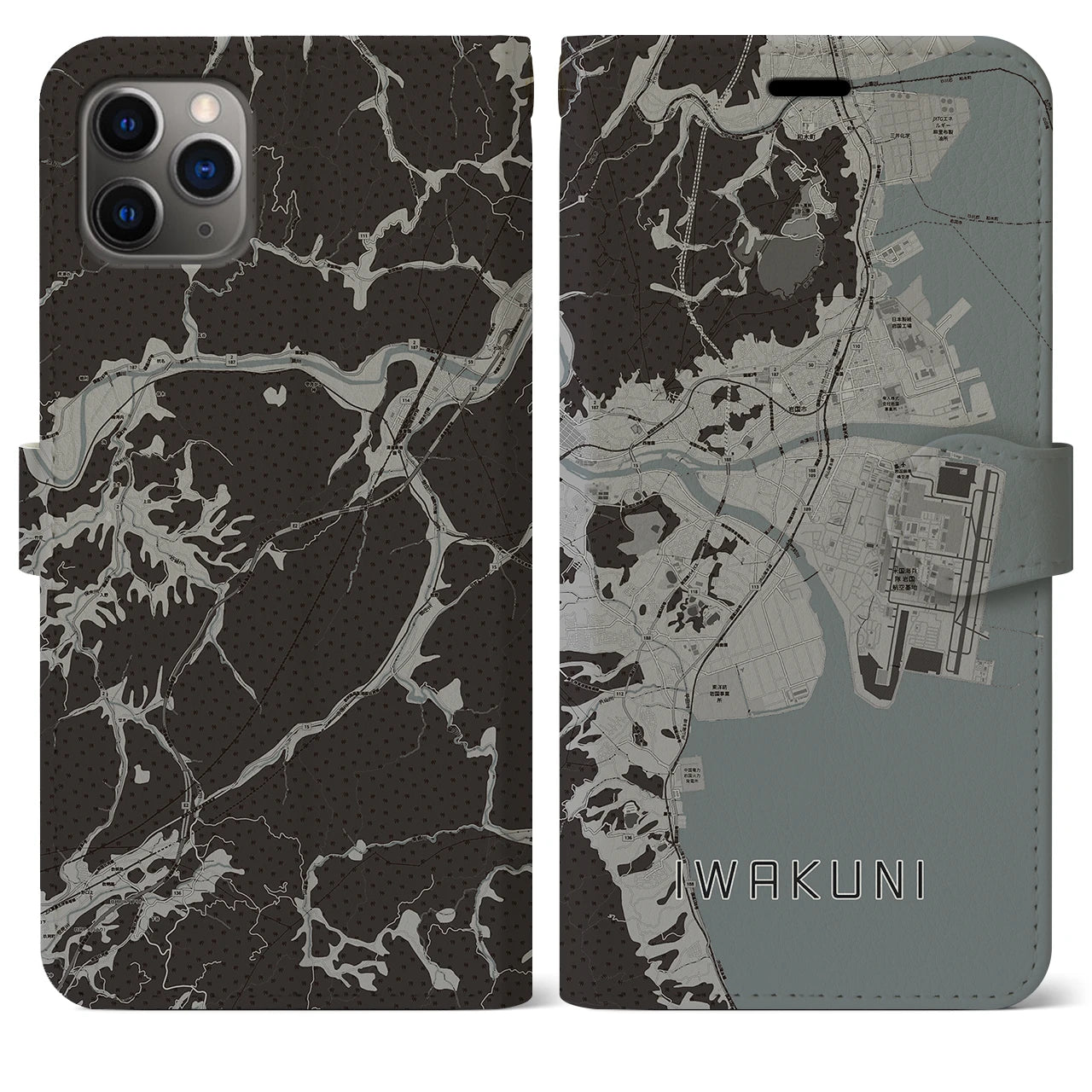 【岩国(山口県)】地図柄iPhoneケース(手帳タイプ)モノトーン・iPhone 11 Pro Max 用