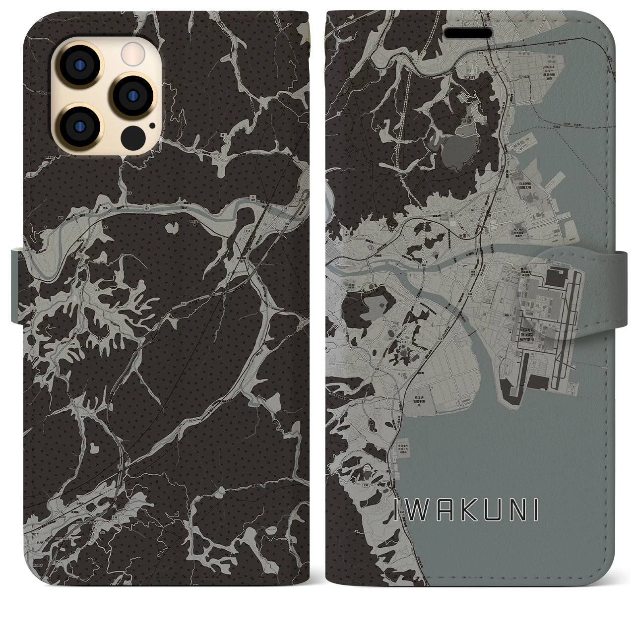 【岩国(山口県)】地図柄iPhoneケース(手帳タイプ)モノトーン・iPhone 12 Pro Max 用