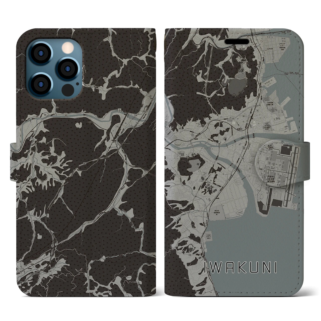 【岩国(山口県)】地図柄iPhoneケース(手帳タイプ)モノトーン・iPhone 12 / 12 Pro 用