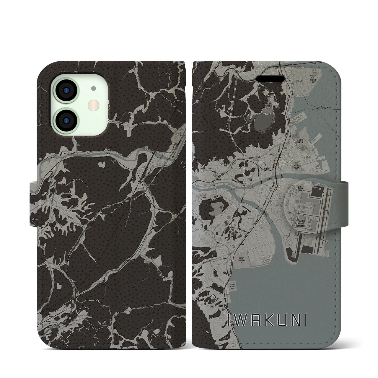 【岩国(山口県)】地図柄iPhoneケース(手帳タイプ)モノトーン・iPhone 12 mini 用