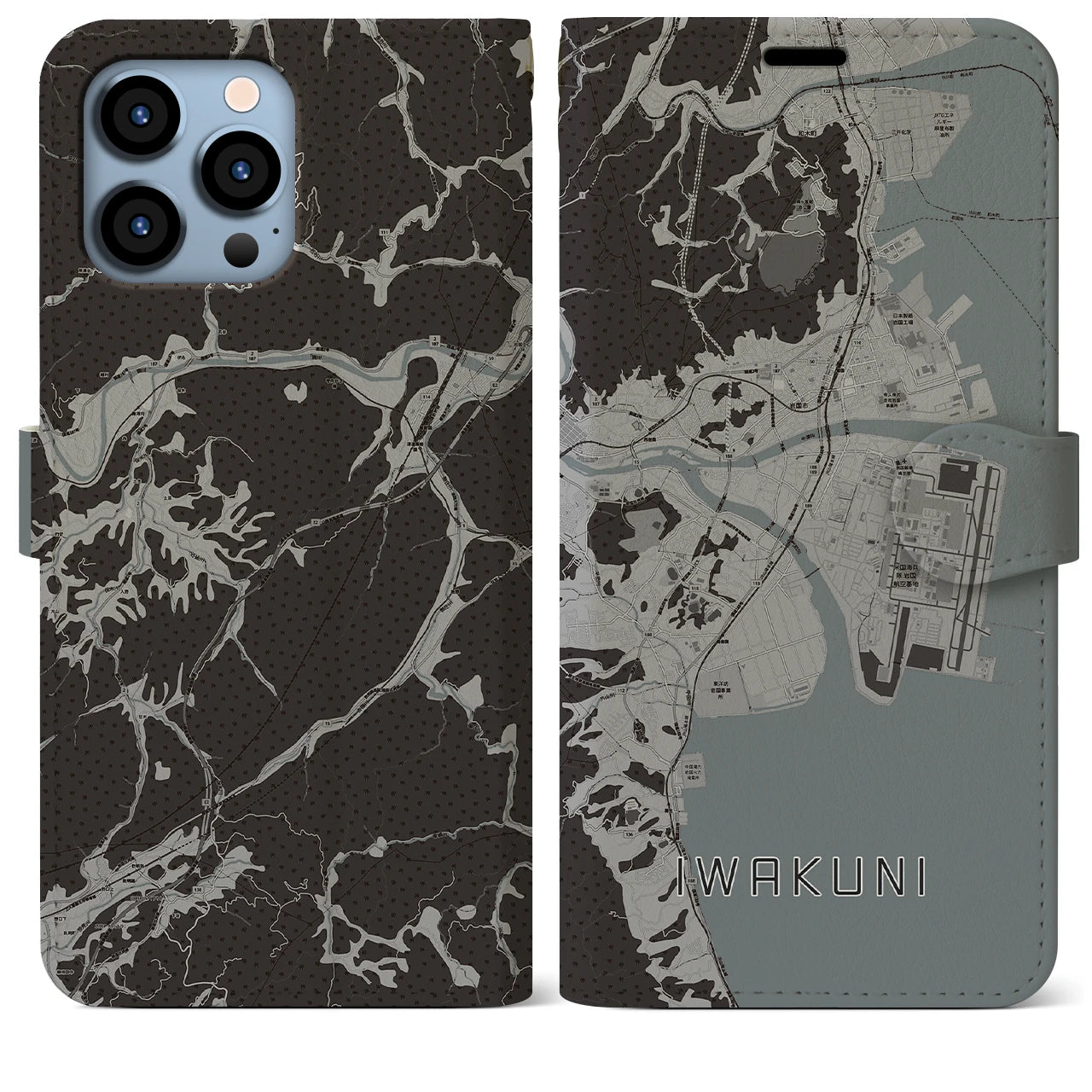 【岩国(山口県)】地図柄iPhoneケース(手帳タイプ)モノトーン・iPhone 13 Pro Max 用